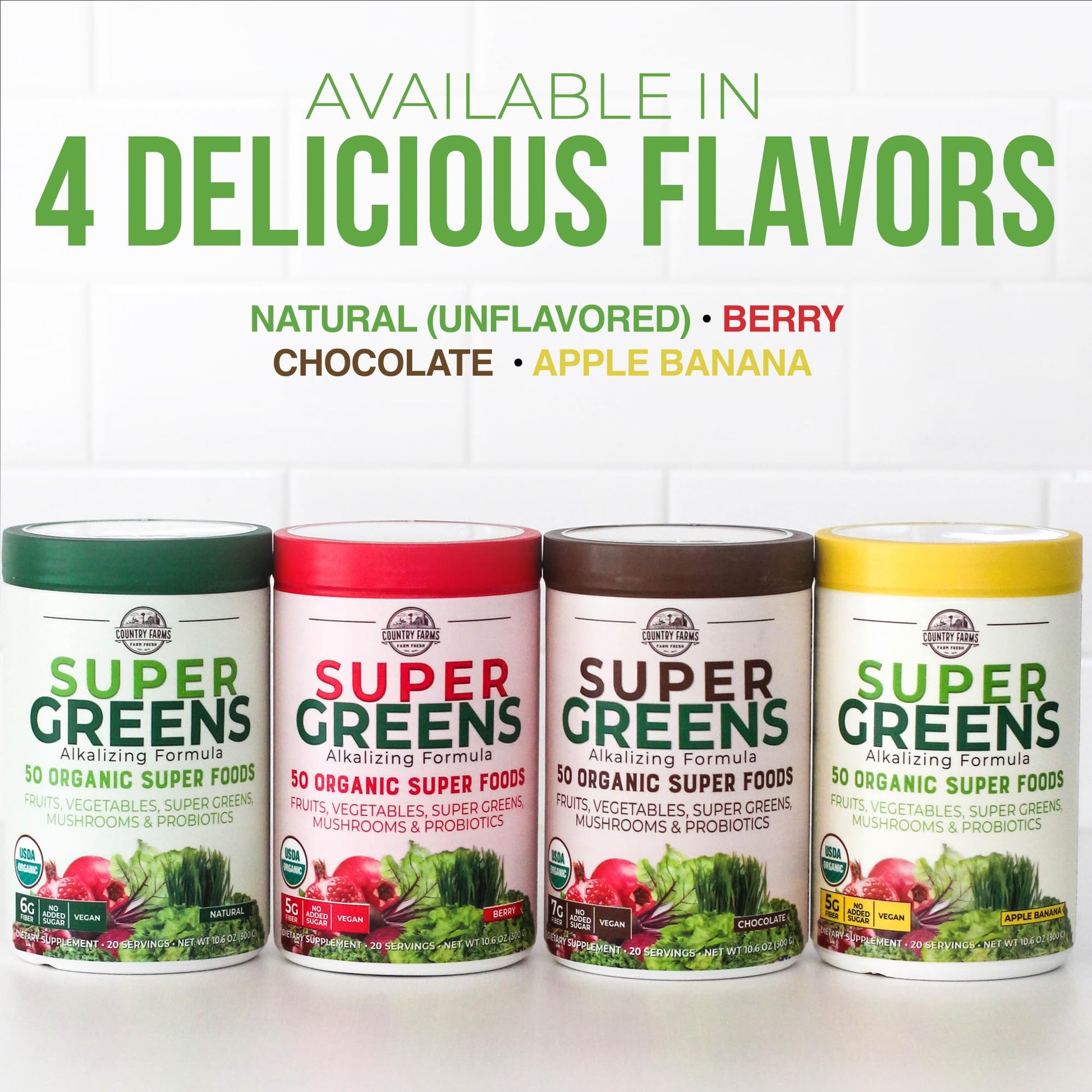 Country Farms Organic Super Greens Natural Flavor, 50 Organic Super Foods, Packed with Fiber, USDA Organic Drink Mix, Fruits, Vegetables, Mushrooms & Probiotics Country Farms