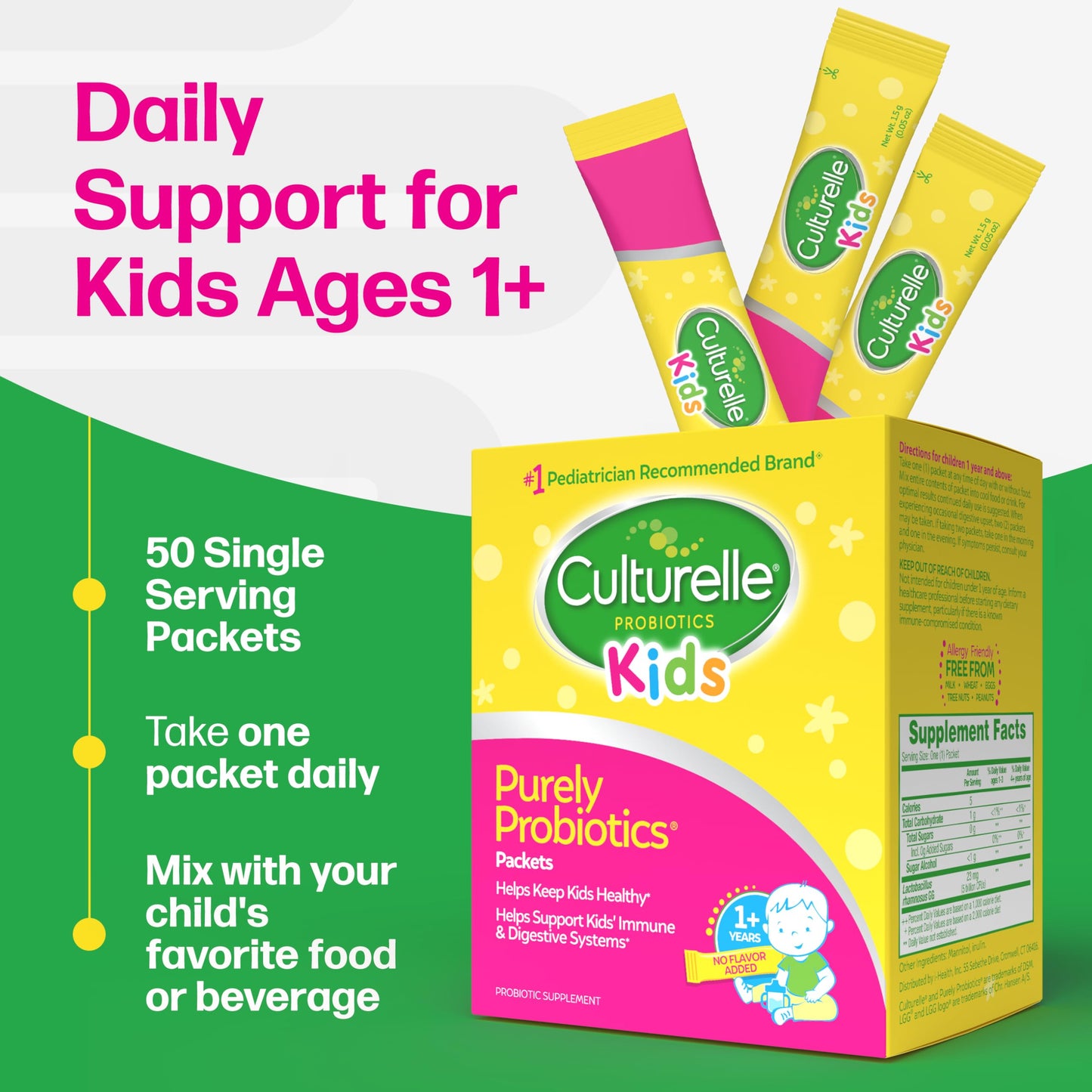 Culturelle Kids Daily Probiotic Packets for Kids, (Ages 3+) - 50 Count – From the #1 Pediatrician-Recommended Brand – Flavorless Daily Probiotics Culturelle