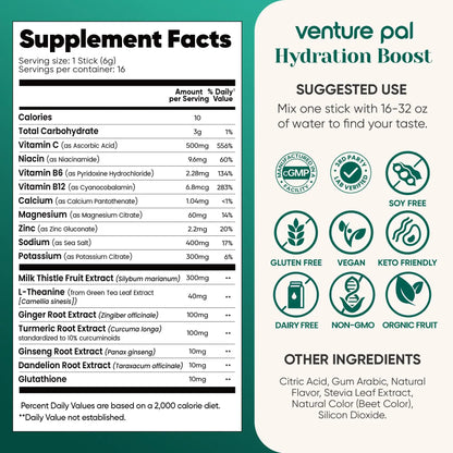 Venture Pal Hydration Packets + Liver Support- Liquid Daily IV Electrolyte Powder Packets with 7 Electrolytes & 5 Vitamins, Milk Thistle + L-Theanine | Sugar-Free Venture Pal