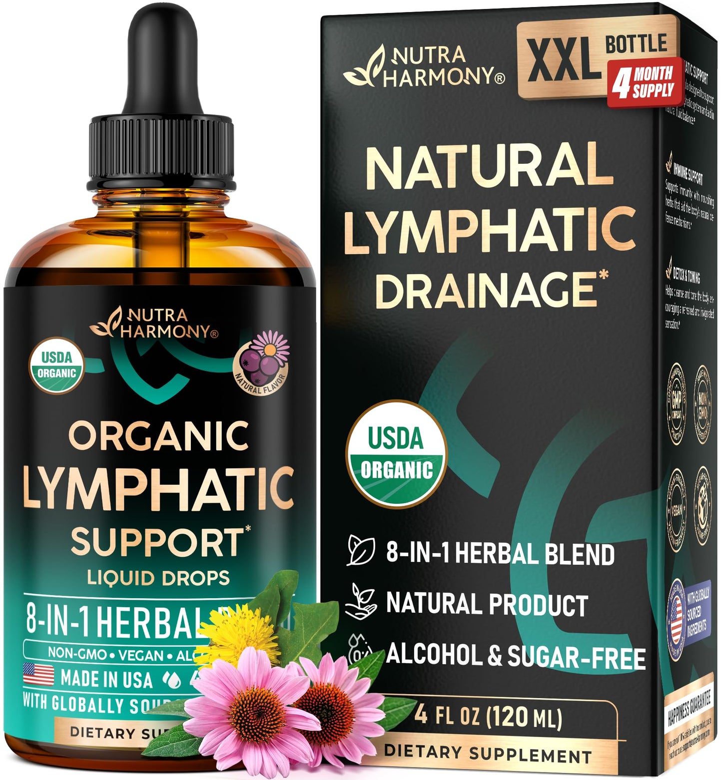 USDA Organic Lymphatic Drainage Supplement - Echinacea | Elderberry | Dandelion | Rosehip | Cleavers | Calendula | Burdock - Made in USA - Lymph System Drops NUTRAHARMONY