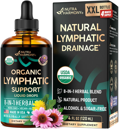USDA Organic Lymphatic Drainage Supplement - Echinacea | Elderberry | Dandelion | Rosehip | Cleavers | Calendula | Burdock - Made in USA - Lymph System Drops NUTRAHARMONY