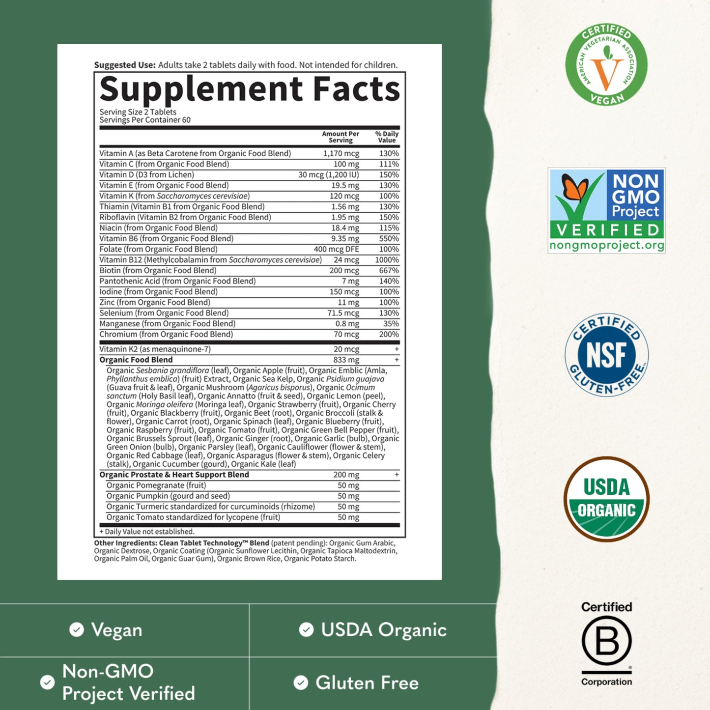 Garden of Life Organics Men's 40+ Multivitamin with Prostate Support, B12 & Vitamins – Vegan Daily Whole Food Multivitamin, Non-GMO, Certified Organic, 60 Tablets Gsupps Australia