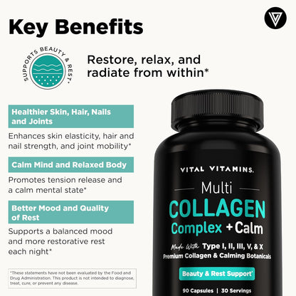 Vital Vitamins Multi Collagen Complex + Calm with Ashwagandha, 90 Capsules | Melatonin-Free Relaxation, 5 Collagen Types I, II, III, V & X with L-Theanine, Ashwagandha, GABA & Magnesium Glycinate Gsupps Australia