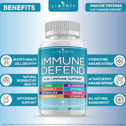 8 in 1 Immune Defense Support, Immunity Vitamins Supplement Booster Zinc 50mg, Vitamin C Elderberry VIT D3 5000 IU, Turmeric Curcumin & Ginger Liberty Lifestyle