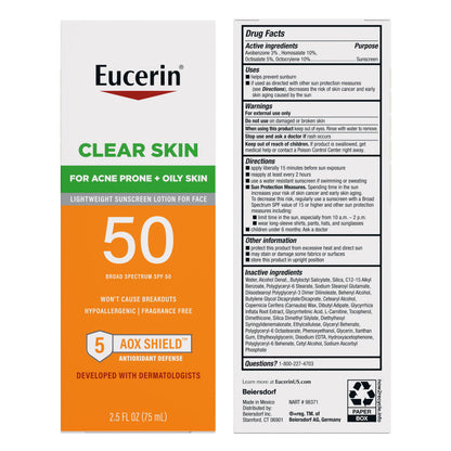 Eucerin Clear Skin Face Sunscreen Lotion, SPF 50, 2.5 FL OZ Eucerin