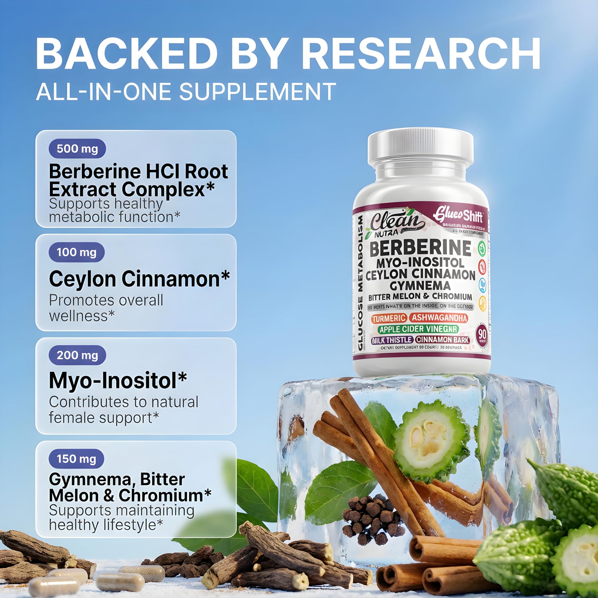 Clean Nutra Berberine Supplement Myo-Inositol Ceylon Cinnamon Gymnema Bitter Melon Chromium Complex for Digestion, Antioxidant Support & Wellness 90 Vegan Capsules Non-GMO Clean Nutraceuticals buy australia supplements
