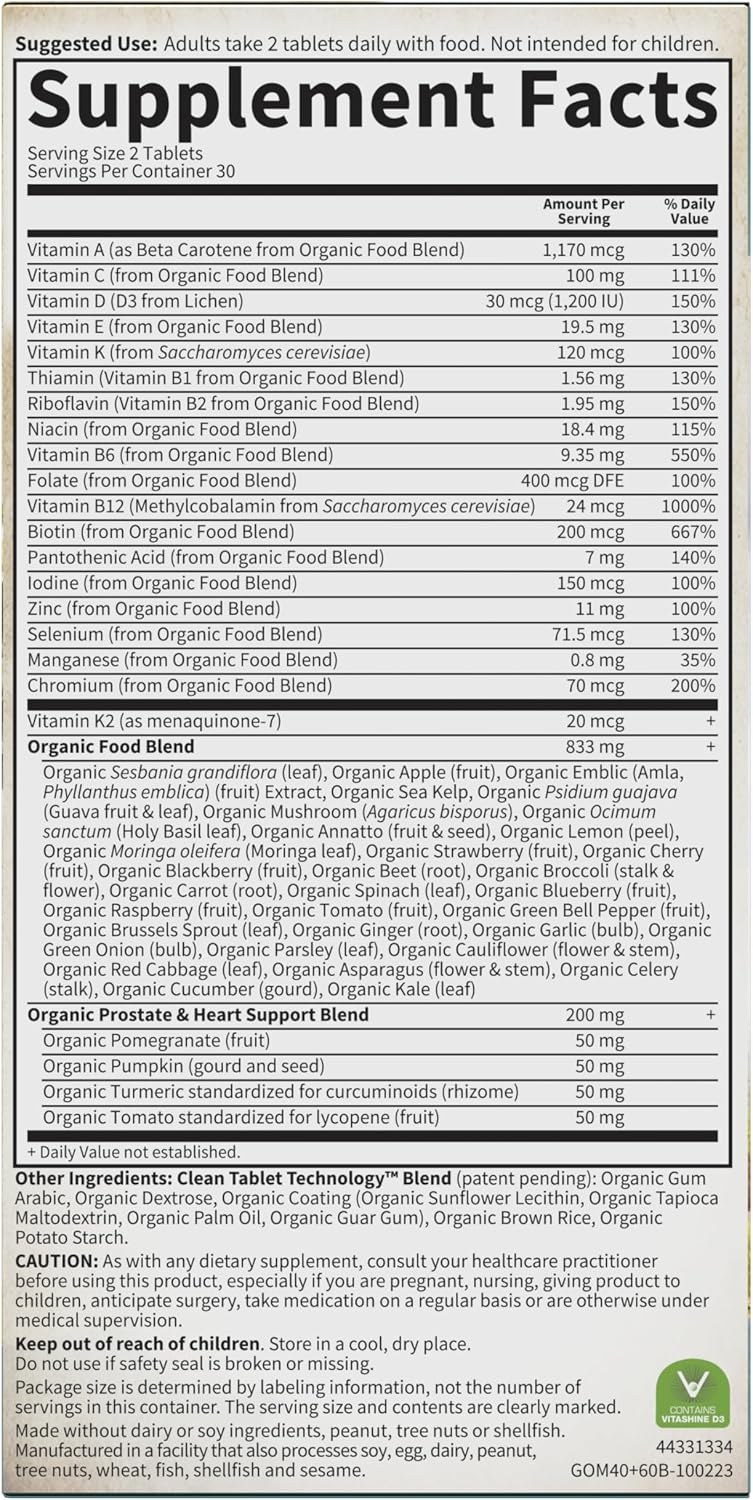 Garden of Life Organics Men's 40+ Multivitamin with Prostate Support, B12 & Vitamins – Vegan Daily Whole Food Multivitamin, Non-GMO, Certified Organic, 60 Tablets Gsupps Australia