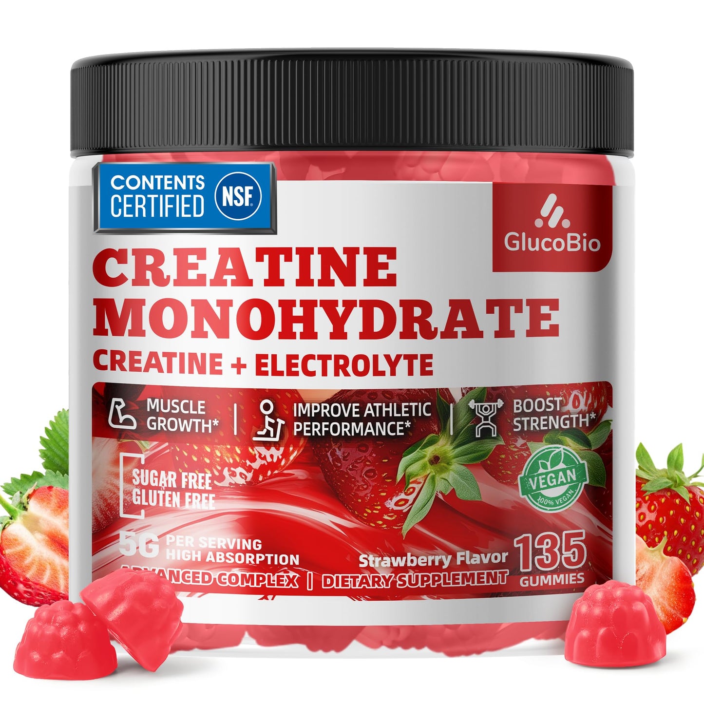 GlucoBio Creatine Monohydrate Gummies (5g) – Pre-Workout Energy & Muscle Growth Support for Men & Women GlucoBio