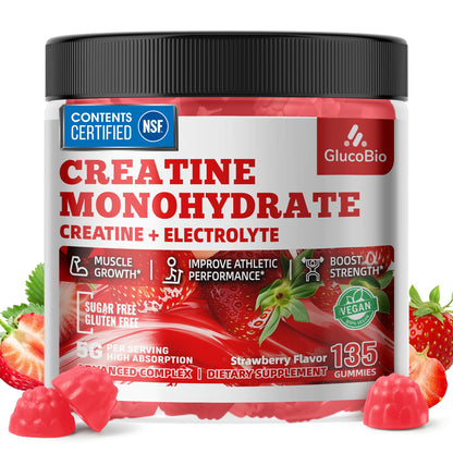 GlucoBio Creatine Monohydrate Gummies (5g) – Pre-Workout Energy & Muscle Growth Support for Men & Women GlucoBio