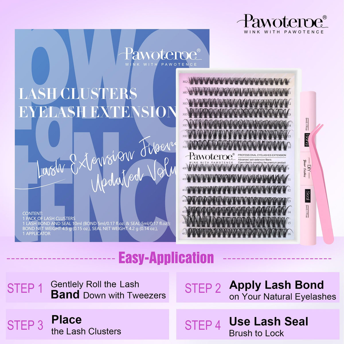 Pawotence Lash Extension Kit DIY 280pcs Lash Clusters Eyelash Extension Kit, 9-16mm 30D 40D Individual Lashes Kit with Lash Bond and Seal, Lash Tweezers for Self Use (30D&40D, 0.07D, 9-16mm, Kit) Pawotence