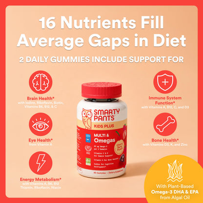 SmartyPants Kids Multivitamin Gummies with Omega 3 DHA/EPA, Vitamins D3, C, B12, B6, A, K, and Zinc, Gluten Free, Clean Label, Three Fruit Flavors, 60 Gummies (30 Day Supply) Gsupps Australia