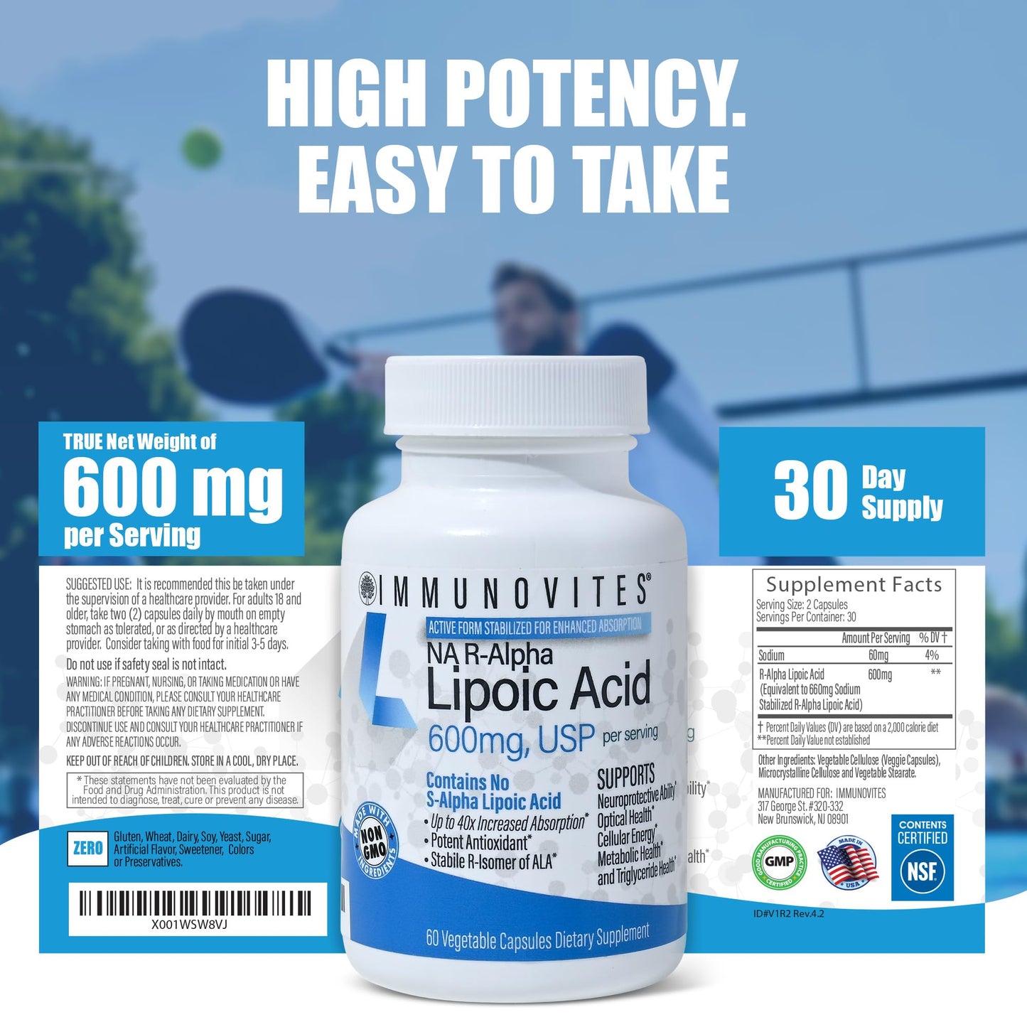 IMMUNOVITES Stabilized R-Alpha Lipoic Acid ((True)) 600mg per Serving [[High Potency & up to 40x Increased Absorption]] IMMUNOVITES