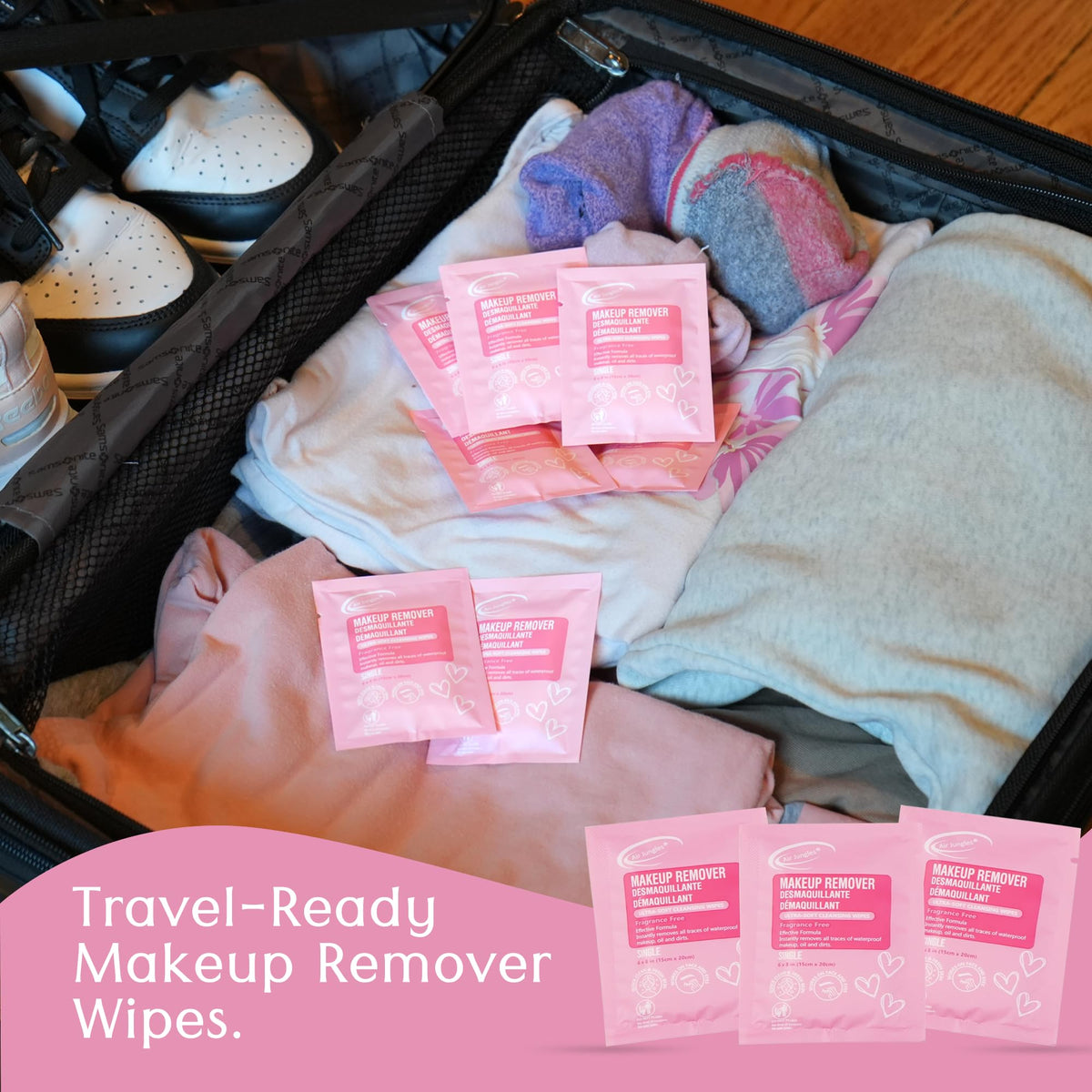 Air Jungles Pink Micellar Makeup Remover Wipes 25 Ct, Individually Wrapped Air Jungles