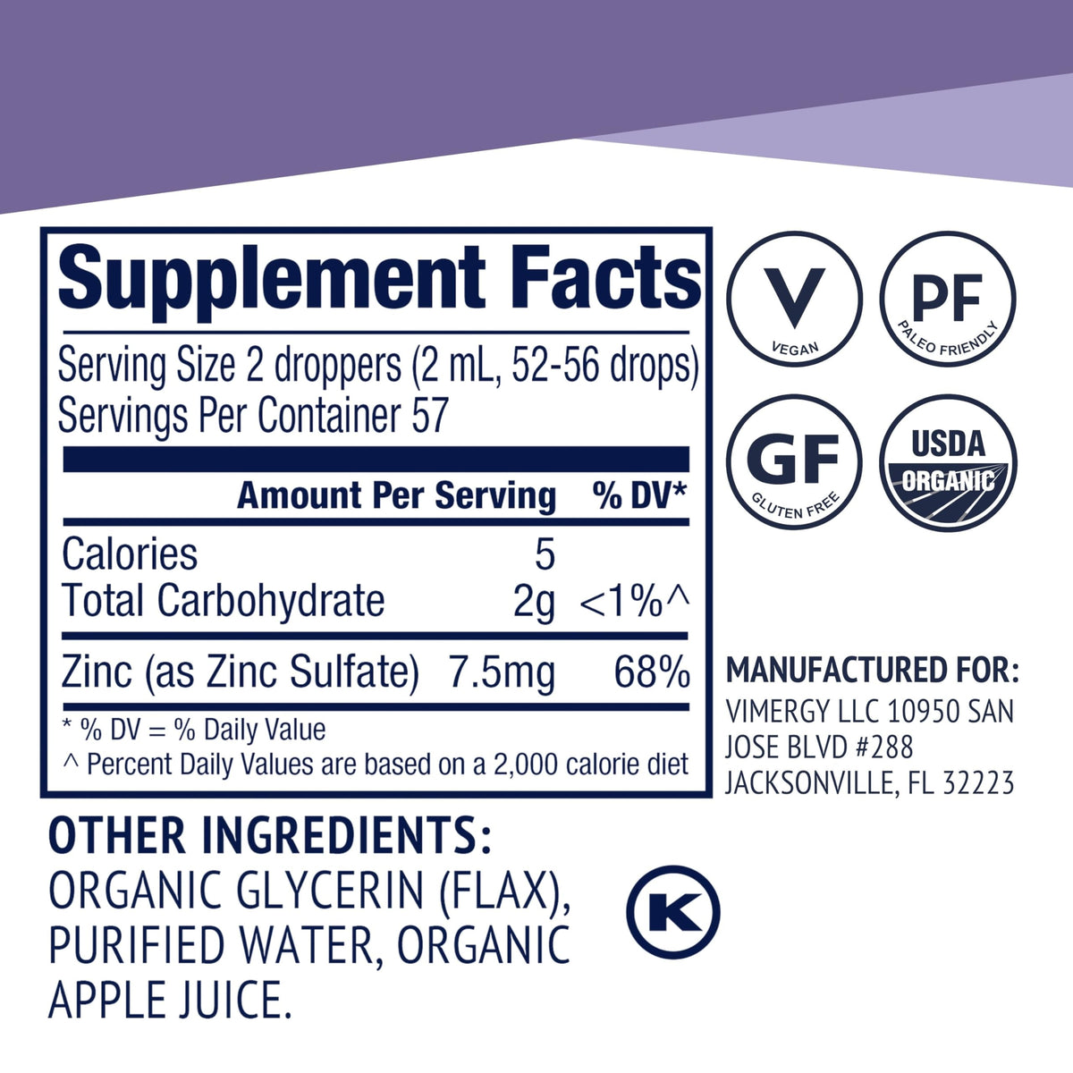 VIMERGY USDA Organic Zinc Supplements for Women & Men (7.5mg Liquid Zinc Per Serving) Fast-Absorbing Immune Support Vimergy