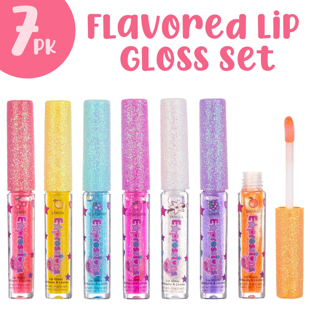 7pc Fruity Flavored Lip Gloss Set - Assorted Fruit Flavor-Great Gift Expressions girl