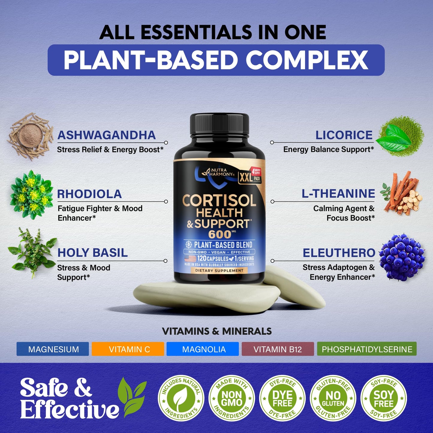 Cortisol Supplement for Women - Holy Basil | Ashwagandha | Rhodiola | L-Theanine - Plant-Based Hormone Balance - Mood, Focus & Sleep Support - Made in USA NUTRAHARMONY