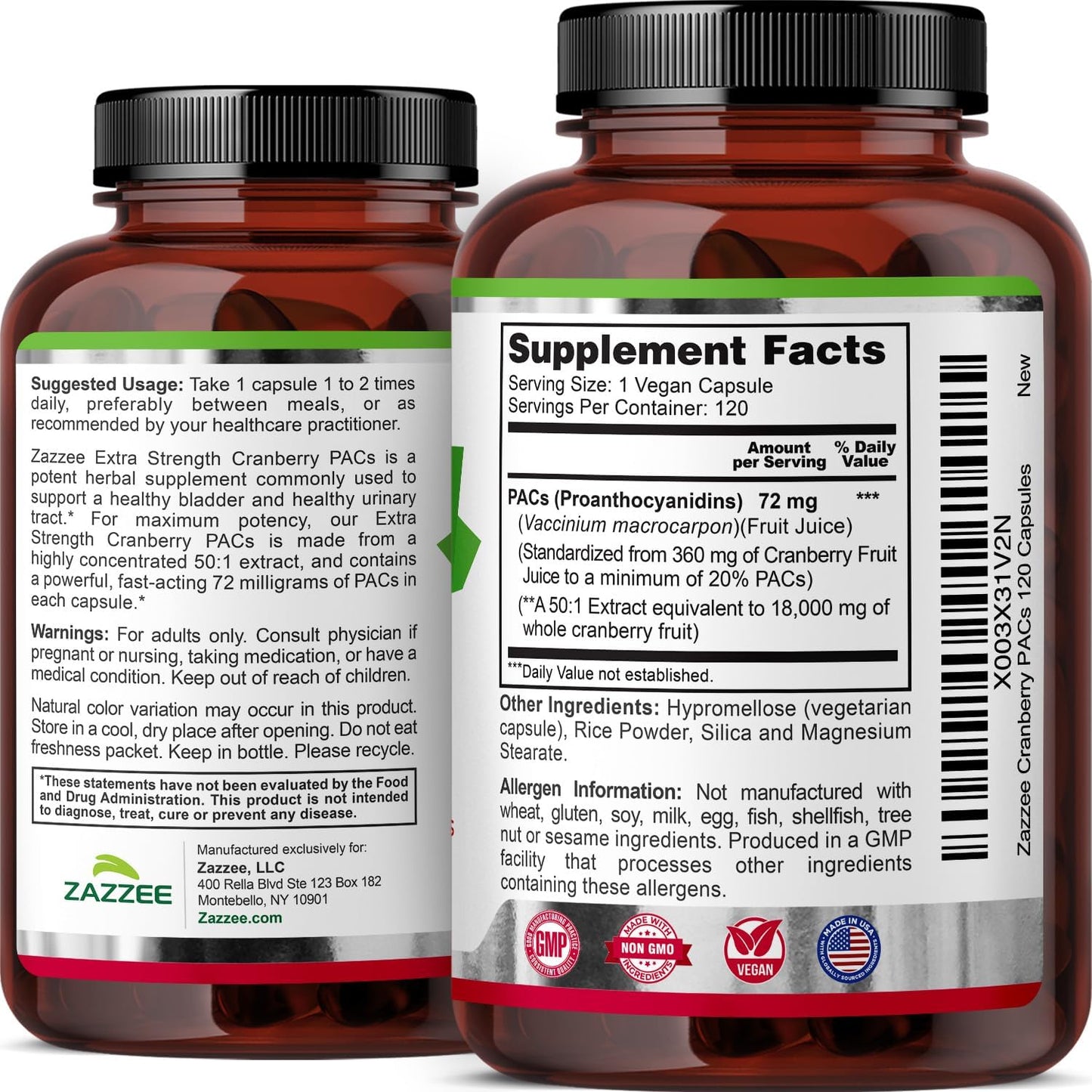 Zazzee Cranberry PACs 72 mg per Capsule, 50:1 Extract, 120 Vegan Capsules, 2X Strength, 4 Month Supply, Fast-Acting, Effective Urinary Tract & Bladder Support, 100% Soluble PACs, Made in the USA Gsupps Australia