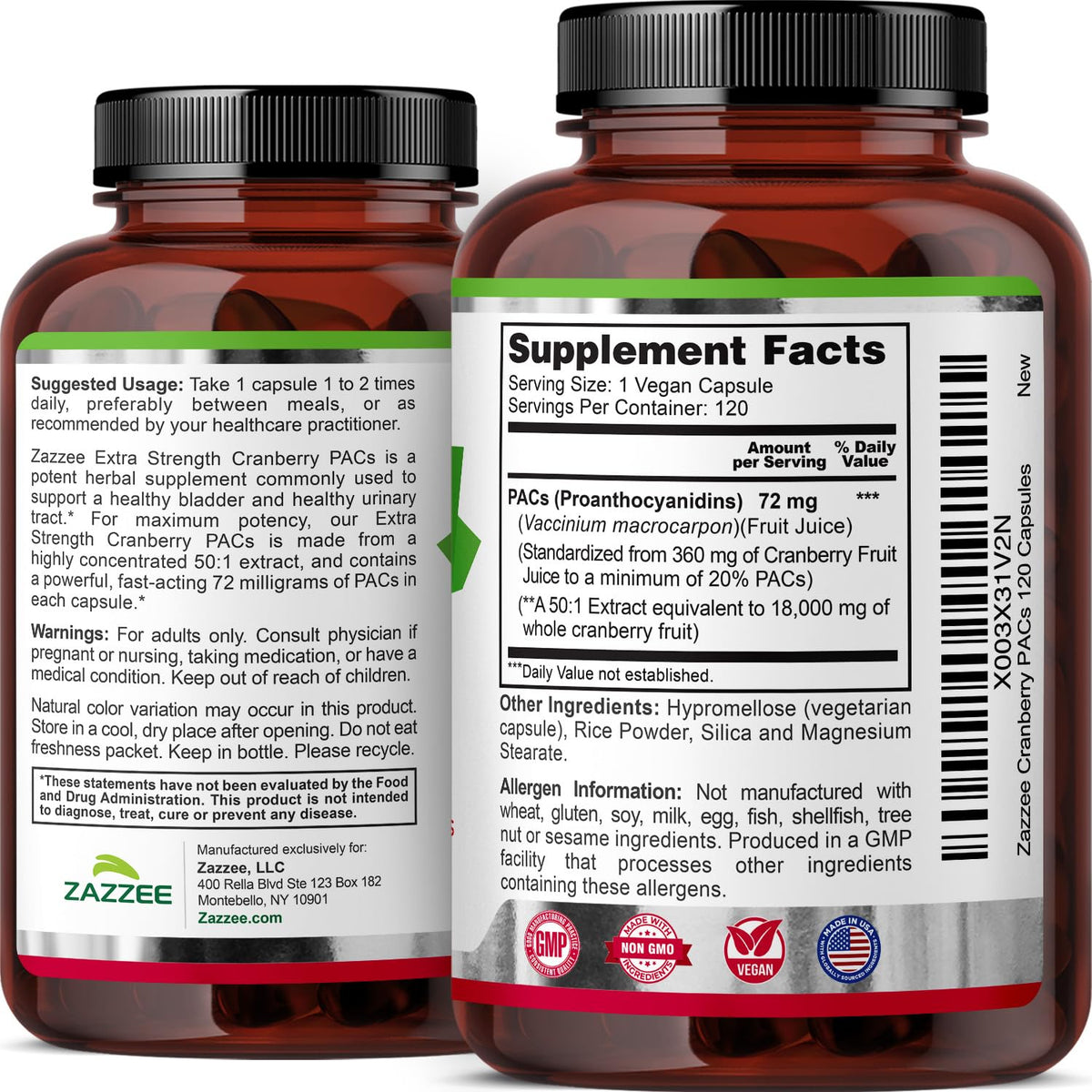Zazzee Cranberry PACs 72 mg per Capsule, 50:1 Extract, 120 Vegan Capsules, 2X Strength, 4 Month Supply, Fast-Acting, Effective Urinary Tract & Bladder Support Zazzee