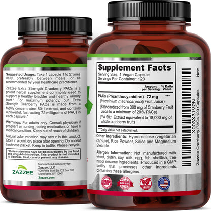 Zazzee Cranberry PACs 72 mg per Capsule, 50:1 Extract, 120 Vegan Capsules, 2X Strength, 4 Month Supply, Fast-Acting, Effective Urinary Tract & Bladder Support Zazzee