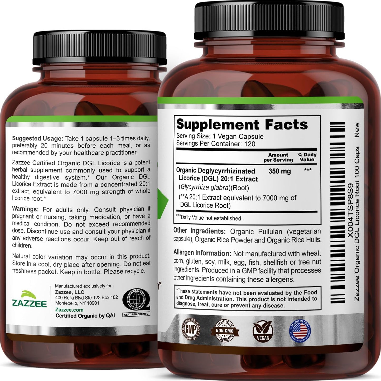 Zazzee USDA Organic DGL Licorice 20:1 Extract, 120 Vegan Capsules | 4 Month Supply, Deglycyrrhizinated Licorice Root, Glycyrrhiza Glabra, Digestive & Stomach Support, All-Natural, Made in USA Gsupps Australia