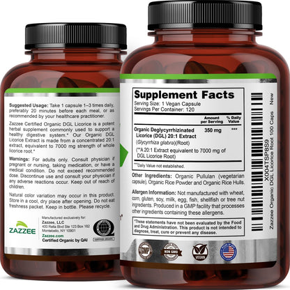 Zazzee USDA Organic DGL Licorice 20:1 Extract, 120 Vegan Capsules | 4 Month Supply, Deglycyrrhizinated Licorice Root, Glycyrrhiza Glabra, Digestive & Stomach Support, All-Natural, Made in USA Gsupps Australia