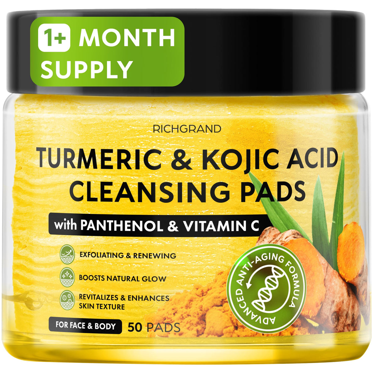 Turmeric Kojic Acid Cleansing Pads for Face - Exfoliating Sponges with Vitamin C & Lemon - Foaming Facial Wash for Glowing Skin & Uneven Tone Support - Gentle Daily Scrub RICHGRAND