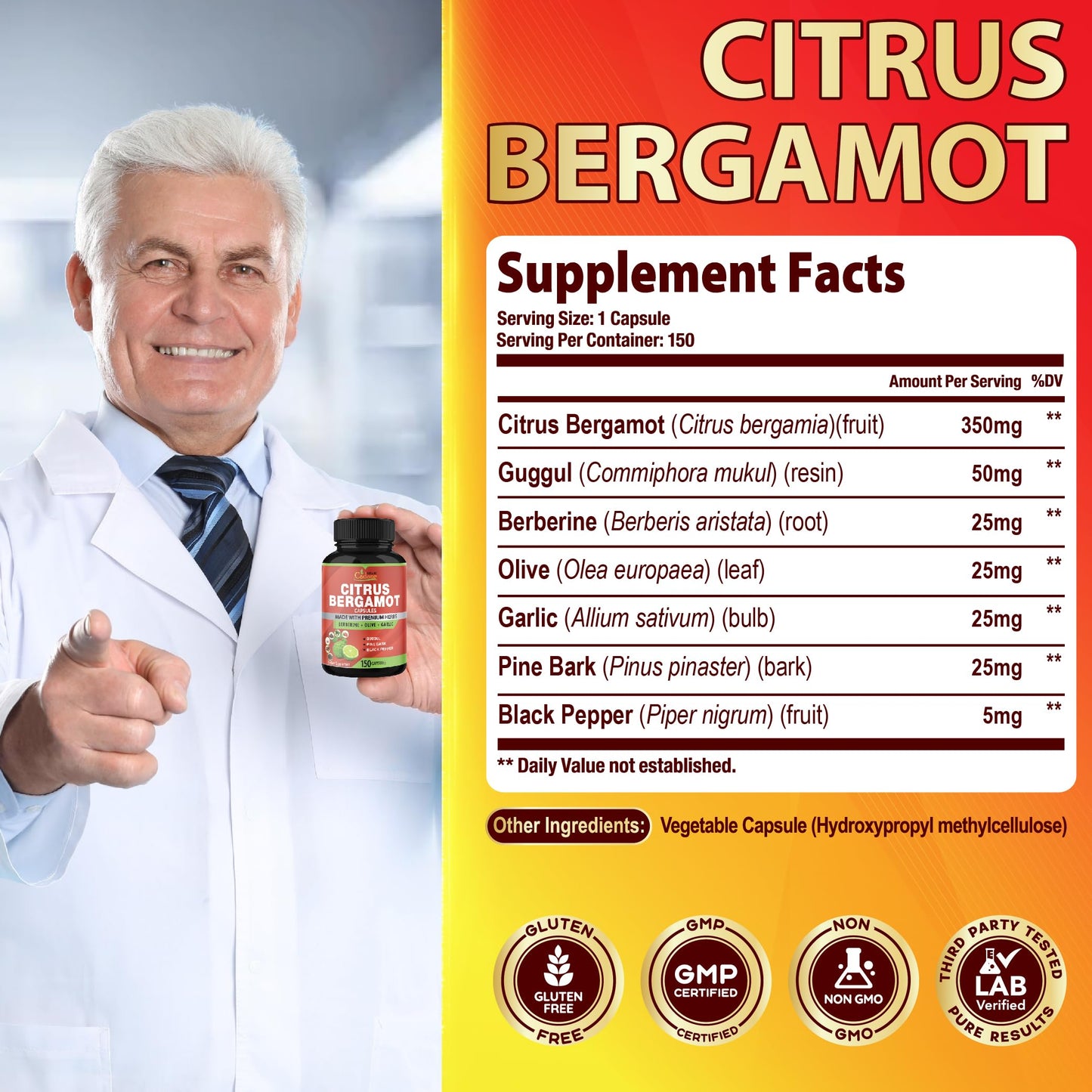 Cadane Citrus Bergamot Supplement Capsules with Berberine, Olive, Guggul, Garlic, Pine Bark, Black Pepper Organic Cadane