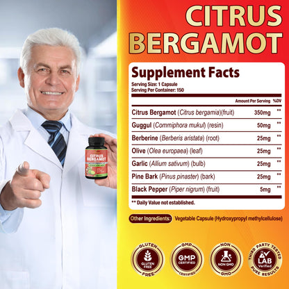 Cadane Citrus Bergamot Supplement Capsules with Berberine, Olive, Guggul, Garlic, Pine Bark, Black Pepper Organic Cadane
