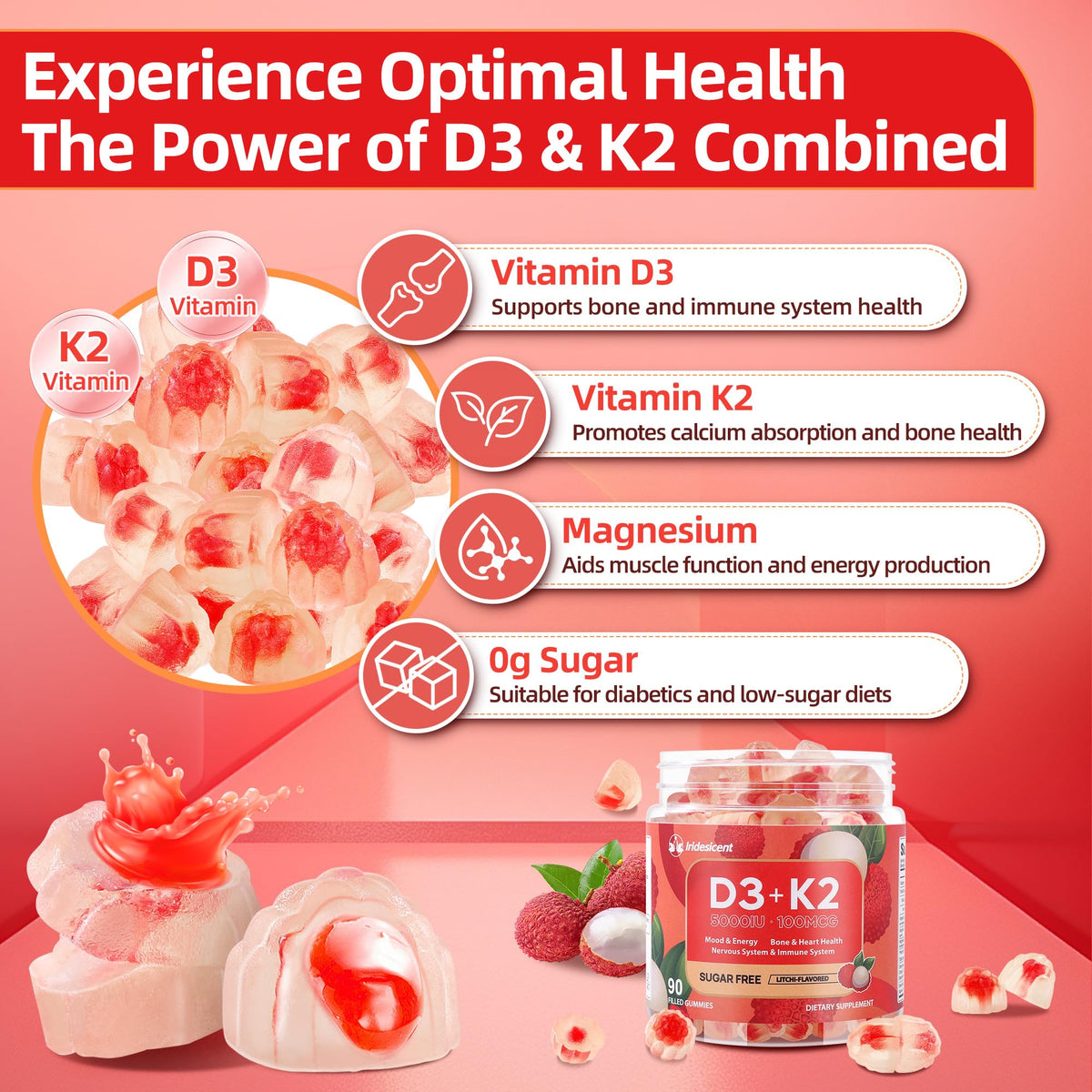 Vitamin D3 K2 Gummies w/Magnesium Sugar Free - 90 Count | D3 Vitamin 5,000 IU + K2(MK-7) 100 mcg - Vegan K2 D3 Vitamin Supplement, Highly Absorbent Supports Bone IRIDESICENT
