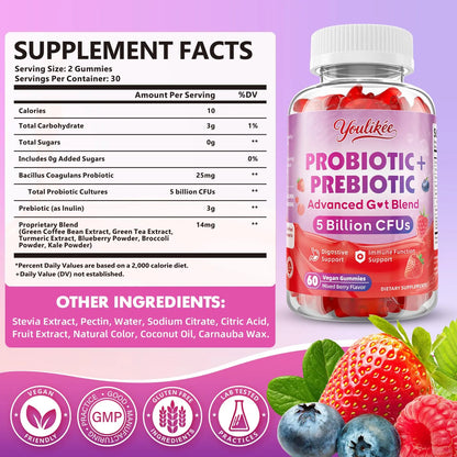 Youlikee 2 Pack Prebiotic + Probiotic Gummies for Women and Men, Probiotic Gummies Supports Gut Health, 5 Billion CFUs with Fibers, Youlikee