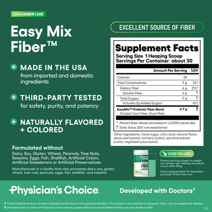 Physician's CHOICE Easy Mix Fiber for Digestive Health & Regularity - No Grit - Daily Prebiotic Soluble Fiber Powder Supplement Physician's CHOICE