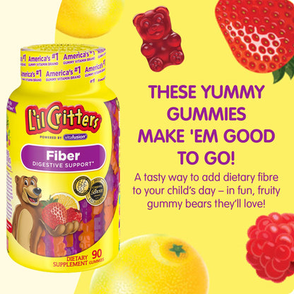 L’il Critters Fiber Daily Gummy Supplement for Kids, for Digestive Support, Berry and Lemon Flavors, 90 Gummies Lil Critters
