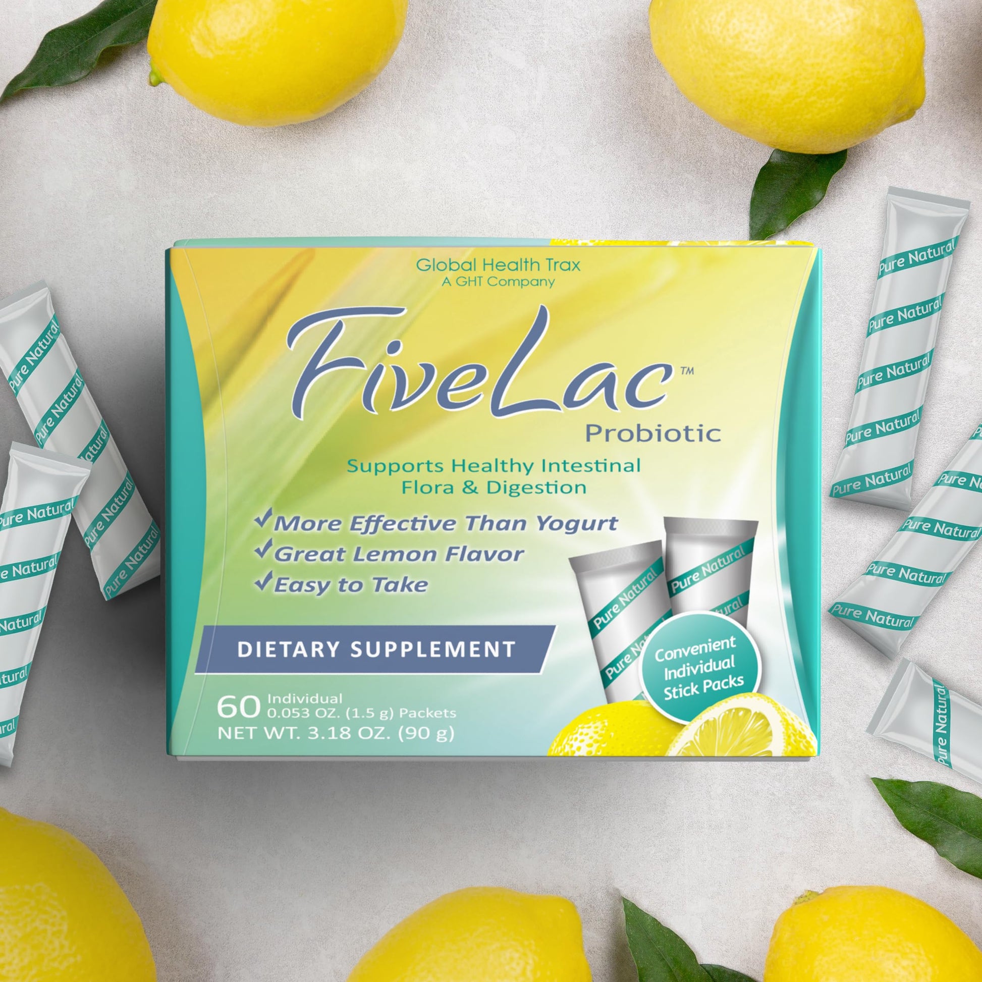 GHT - FiveLac Lemon Probiotic Powder Drink Mix, Probiotics for Women, Men, and Kids - Smooth Digestive Support and Elimination - Relieves Occasional Constipation and Gas - 60 Packets (3 Pack) Non-GMO ght Global Health Trax buy australia supplements