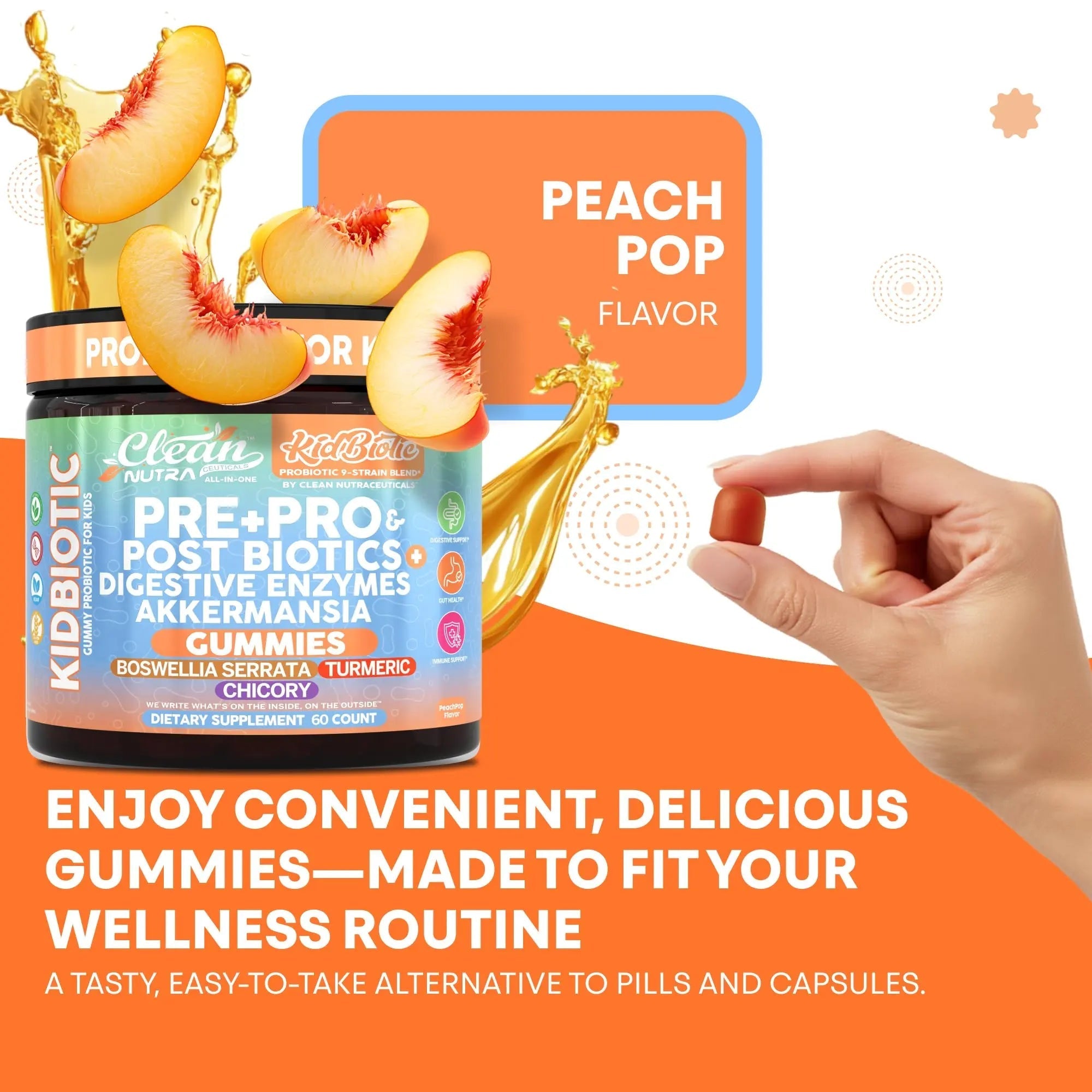 Clean Nutra Kids Probiotics Gummies with Prebiotics, Postbiotics, Digestive Enzymes, Akkermansia, Boswellia Serrata, Turmeric, Chicory – 60 Count – Plant-Based Supplement for Kids – PeachPop Flavor Clean Nutraceuticals buy australia supplements