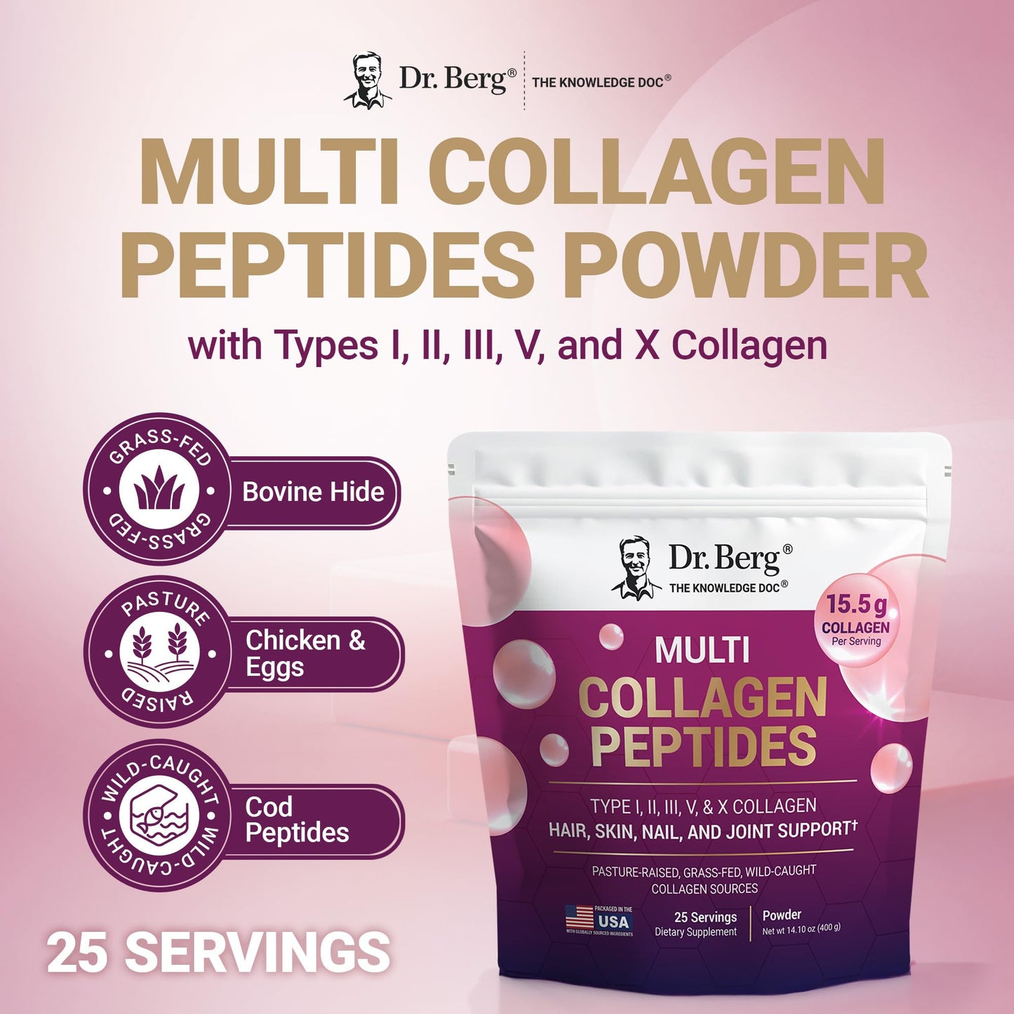 Dr. Berg Multi Collagen Peptides Powder Types I, II, III, V, X - Unflavored Collagen Powder w/ 14 g of Protein - Grass-Fed Dr. Berg Nutritionals