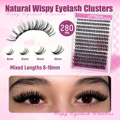 FADLASH DIY Lash Clusters Individual Eyeslash Extensions D Curl 280PCS Natural Eyelash Clusters Soft Band Wispy Volume Eyelash Extension for Beginners DIY at Home (40D-0.07-D, 8-16mm) FADLASH