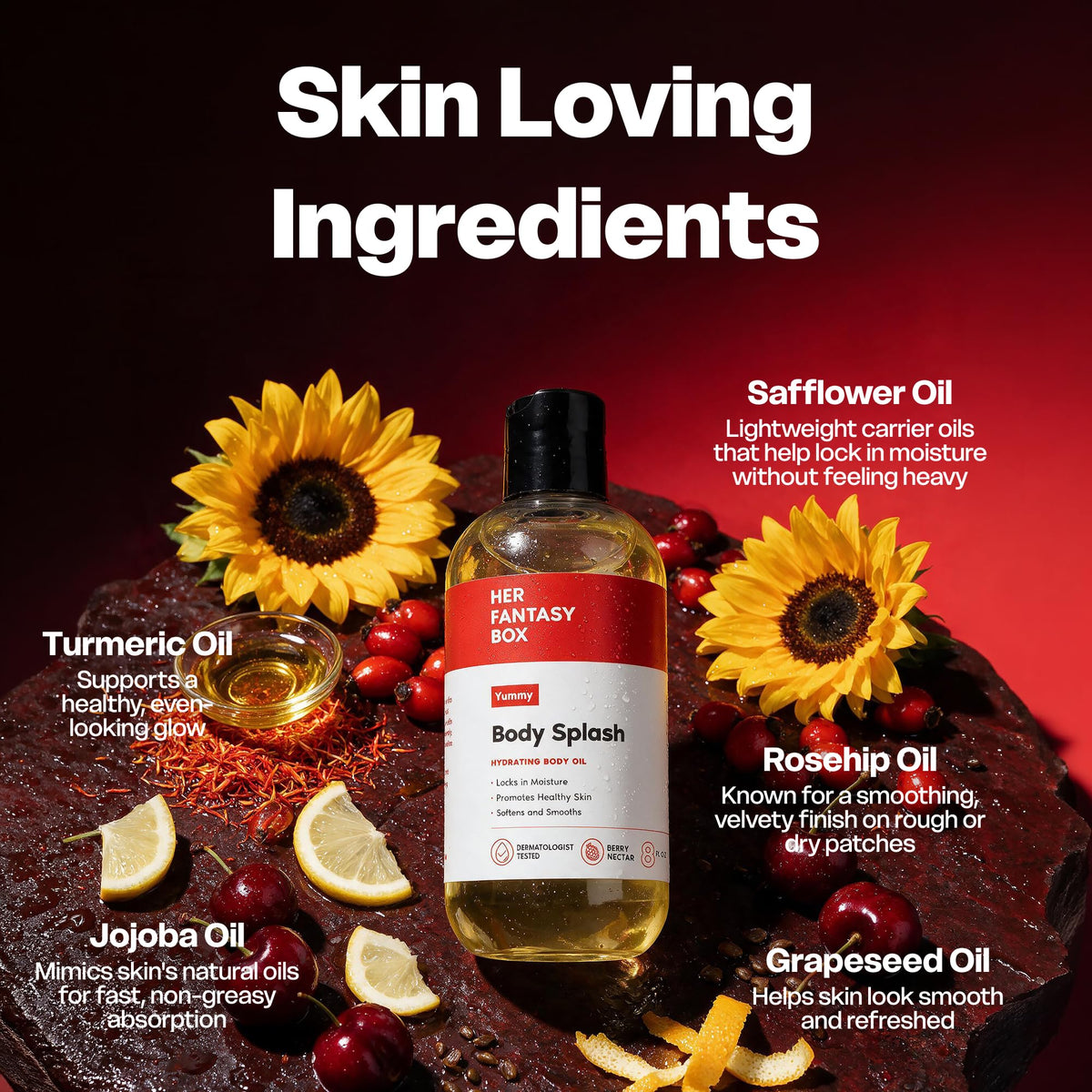 Her Fantasy Box | Body Splash Hydrating Body Oil (Yummy) - Moisturizing, Non-Greasy Formula for Soft, Smooth Skin - All-Natural, Lightweight & Nourishing Her Fantasy Box