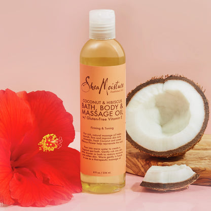 Shea Moisture Coconut & Hibiscus Massage Oil and Body Oil for Dry Skin, Bath Oil with Coconut Oil and Vitamin E Oil for Skin, 8 oz Shea Moisture
