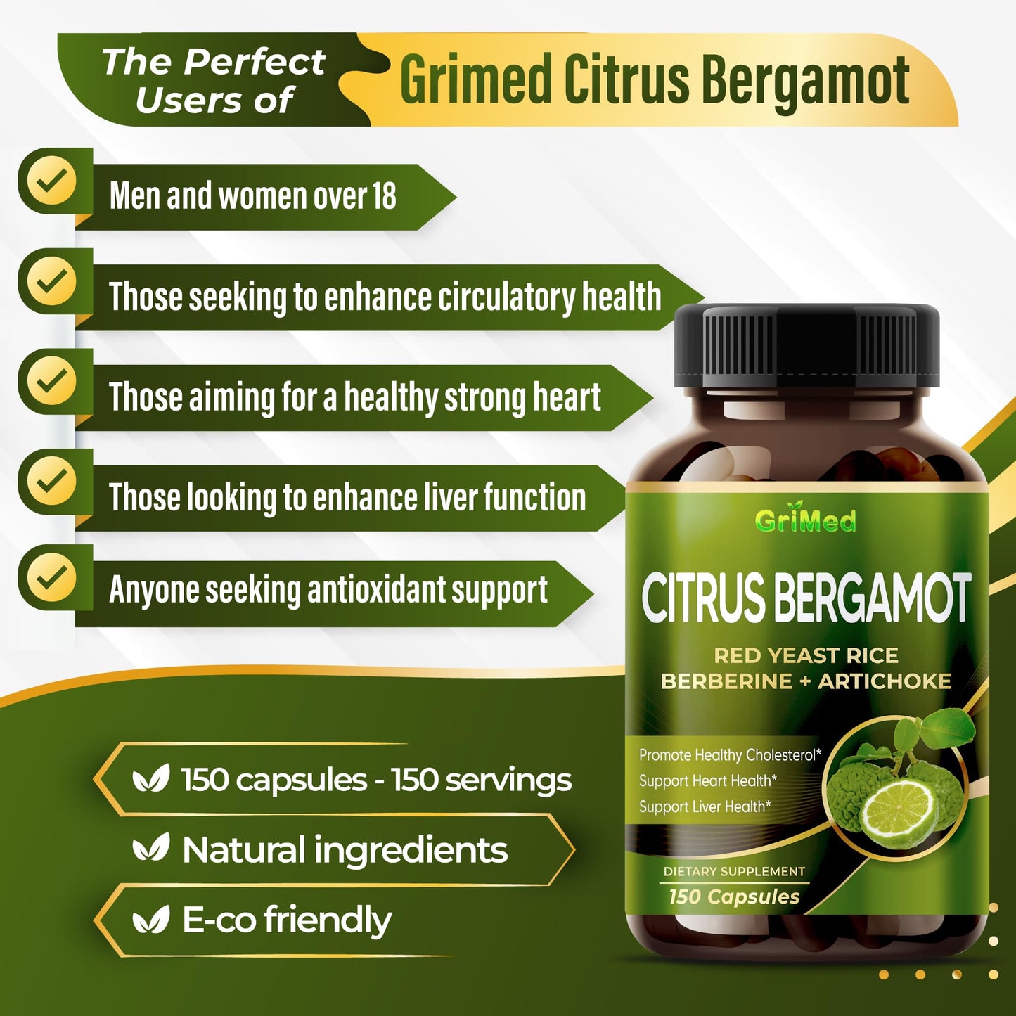Citrus Bergamot with Red Yeast Rice, Garlic, Artichoke for Healthy Cholesterol, Heart Health (150 Count (Pack of 1)) GriMed