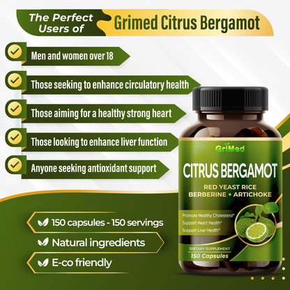 Citrus Bergamot with Red Yeast Rice, Garlic, Artichoke for Healthy Cholesterol, Heart Health (150 Count (Pack of 1)) GriMed