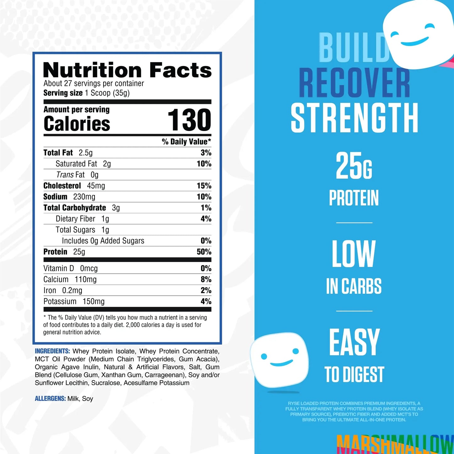 RYSE Loaded Protein Powder - Jet-Puffed Marshmallow - 25g Whey Protein Isolate & Concentrate with Prebiotic Fiber & MCTs - Low Carb, Low Sugar, Digestive-Friendly - 27 Servings / 2 lb Tub RYSE Up Supplements