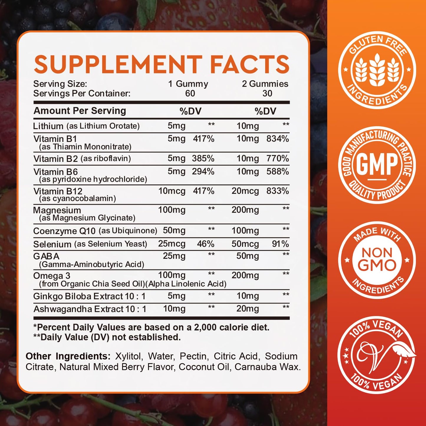 Lithium Orotate 5mg 10mg Gummies Lithium Supplements with Vitamin B, Magnesium & Selenium for Mood Support, Stress Relief, Brain Health, Non-GMO, Vegan, Gluten Free Hovika