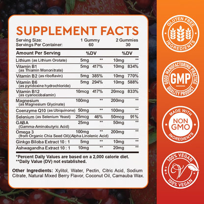 Lithium Orotate 5mg 10mg Gummies Lithium Supplements with Vitamin B, Magnesium & Selenium for Mood Support, Stress Relief, Brain Health, Non-GMO, Vegan, Gluten Free Hovika