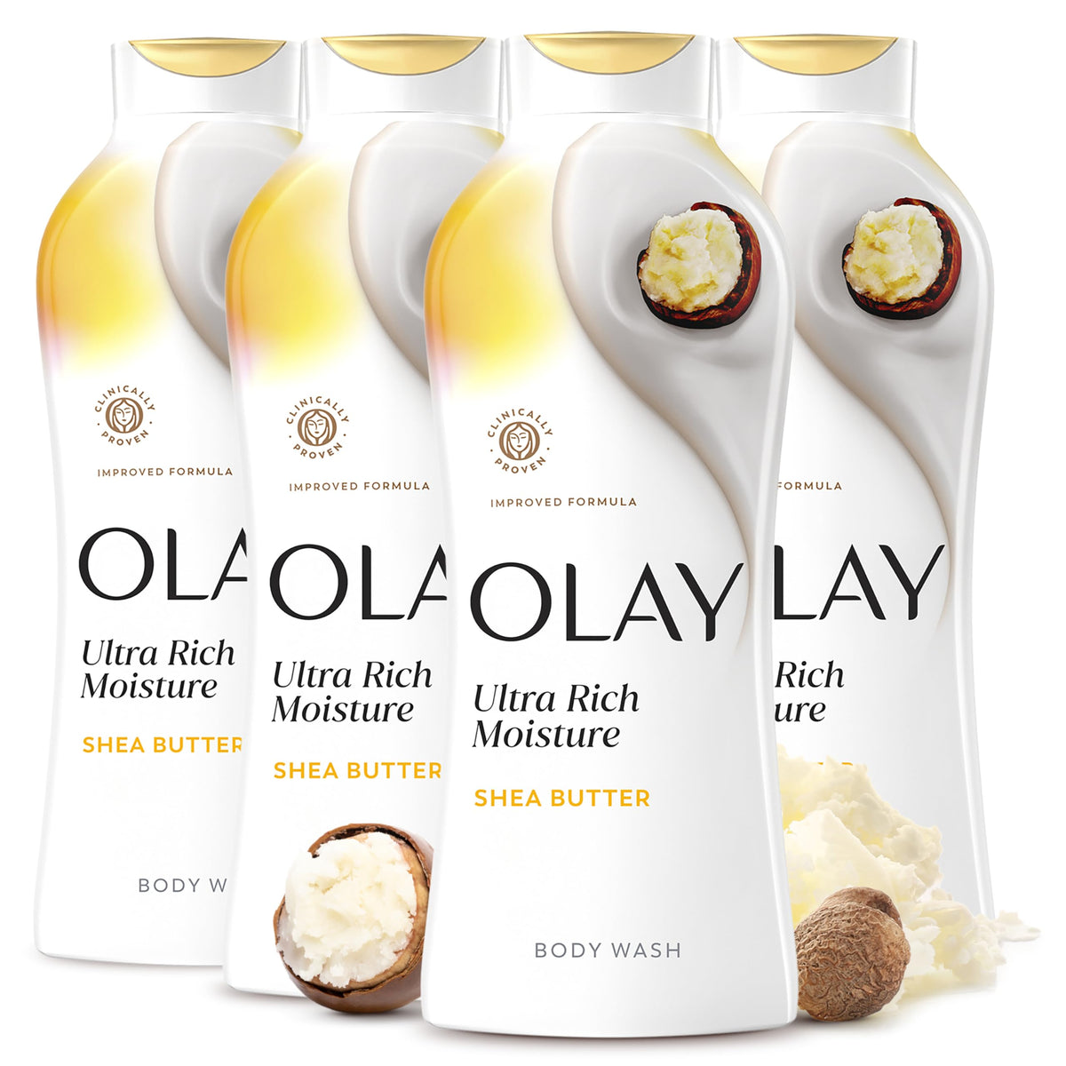 Olay Body Wash for Women, Ultra Moisture, 24hr Moisturizing, Hydrating & Refreshing, B3 Vitamin Complex, Free of Parabens & Phthalates, for All Skin Types, Shea Butter Scent, 22 fl oz (Pack of 4) Olay