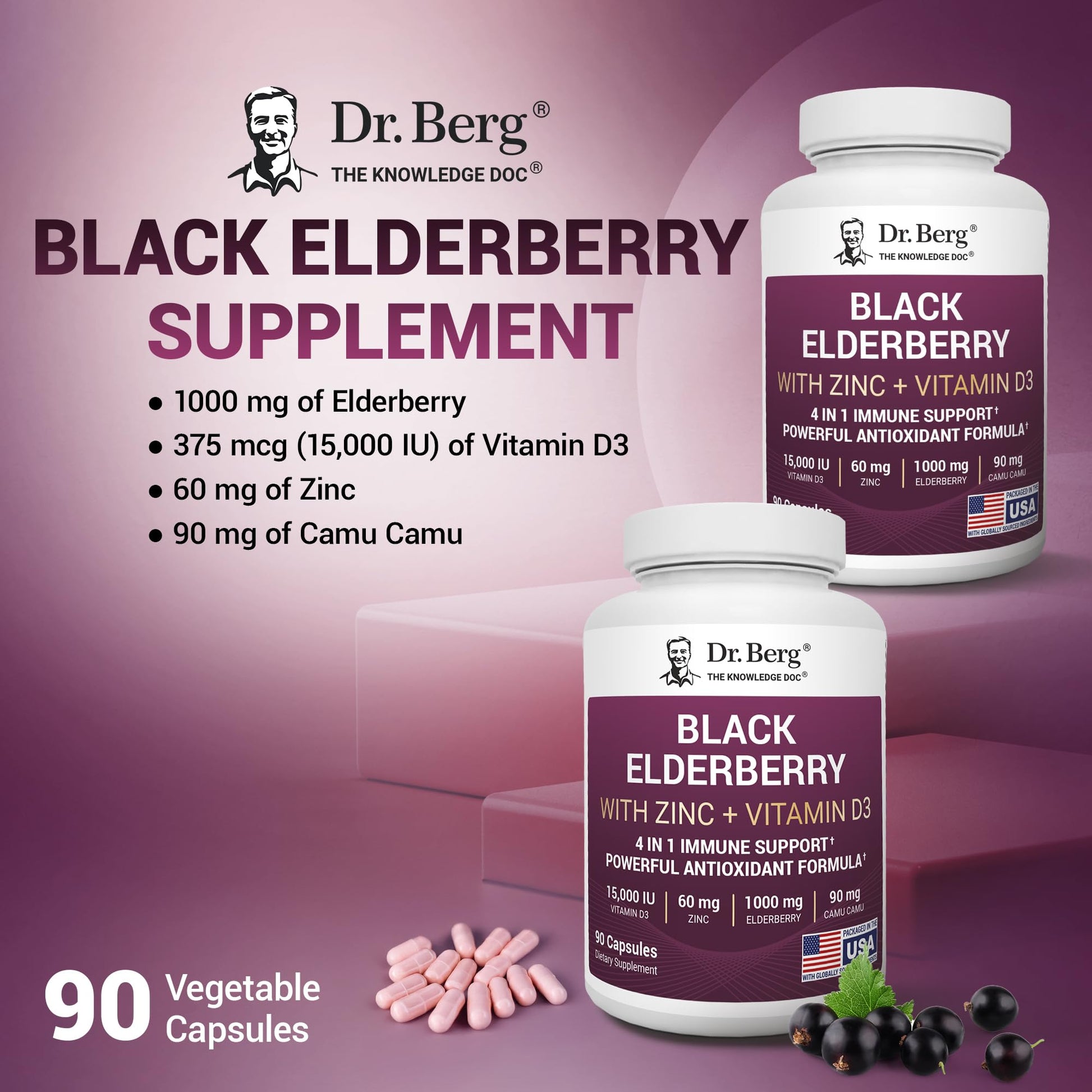 Dr. Berg Black Elderberry Capsules (Advanced Immune Support*) with 15,000 IU Vitamin D, 60 mg of Zinc, & 90 mg of Camu Camu - (4-in-1) Sambucus Elderberry Immune Support Supplement - 90 Capsules Dr. Berg Nutritionals buy australia supplements
