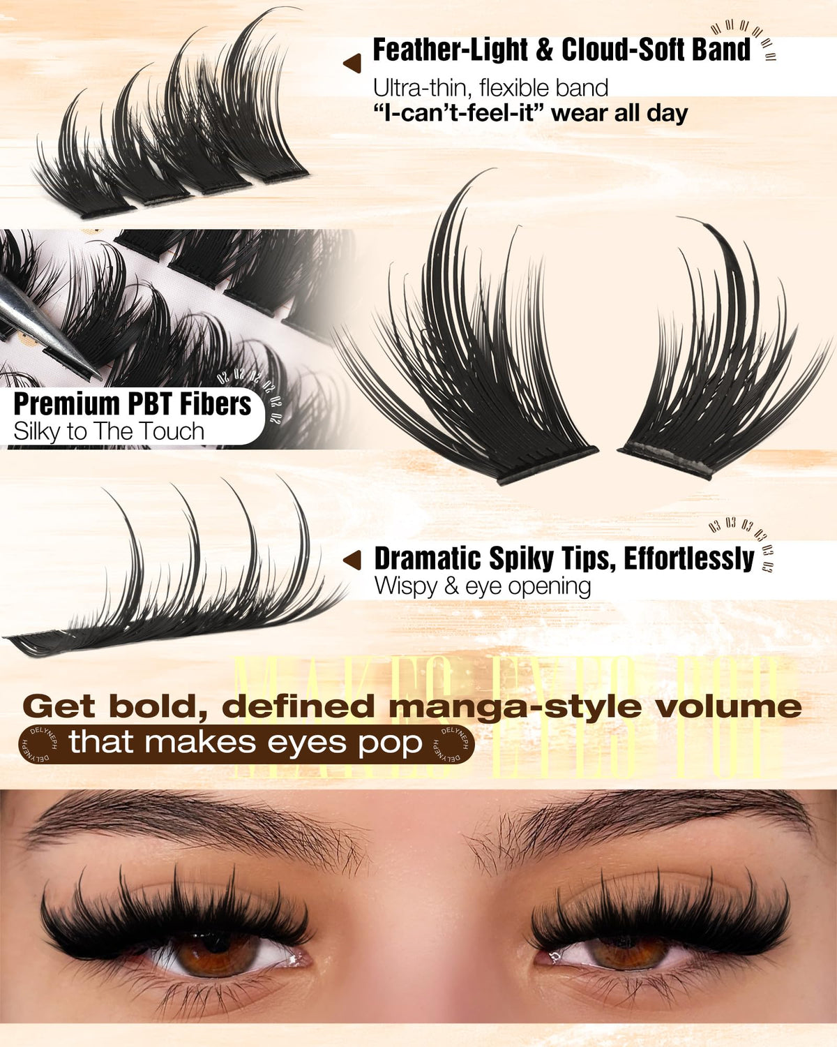 Manga Lash Clusters with Spikes Anime Eyelash Clusters Spiky Wet Delyneph