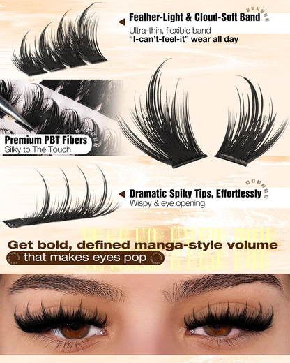 Manga Lash Clusters with Spikes Anime Eyelash Clusters Spiky Wet Delyneph