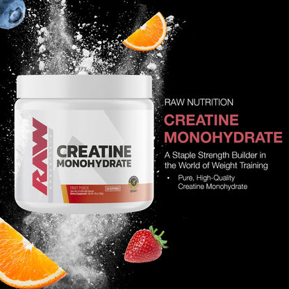 RAW Nutrition Creatine Monohydrate Powder, Fruit Punch (30 Servings) - Micronized Creatine Monohydrate Supplement for Workout Performance, Build Muscle & Strength RAW