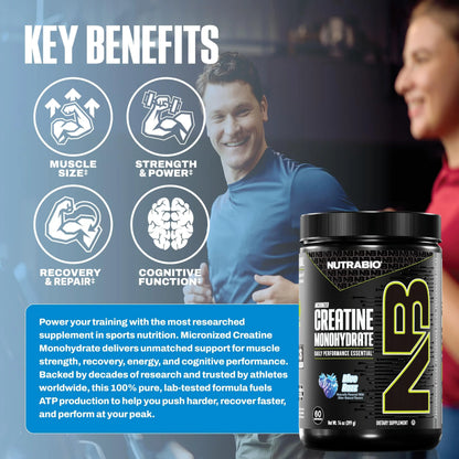NutraBio Pure Micronized Creatine Monohydrate Powder Supplement, Blue Razz (300 g) - Supports Bulk Muscle Energy, Recovery, and Strength - HPLC Tested Creatine Powder Supplement for Men and Women NutraBio