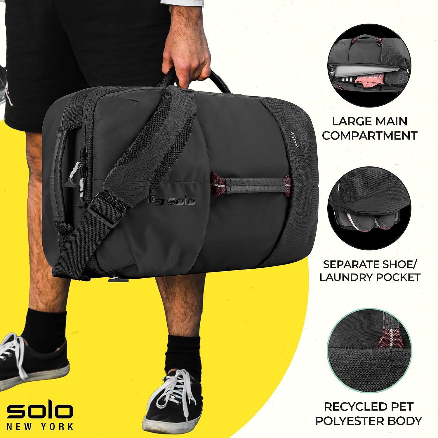 Solo New York Travel Backpack Duffel - Convertible Travel Duffle Bag for Men & Women, Carry On Size, Use for Gym, Flights, or Work, Separate Shoe Compartment, Padded Straps - All-Star, Black Gsupps Australia